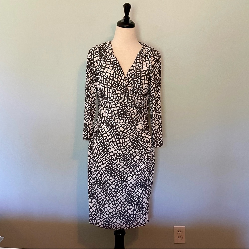 Ralph Lauren 3/4 Sleeve Surplice Ruched Gray Pattern Jersey Dress Size 10